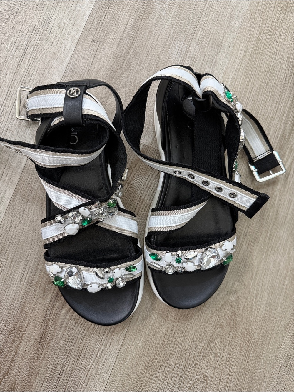 Liu Jo Black & White Strappy Sandals with Green Crystal Embellishments
